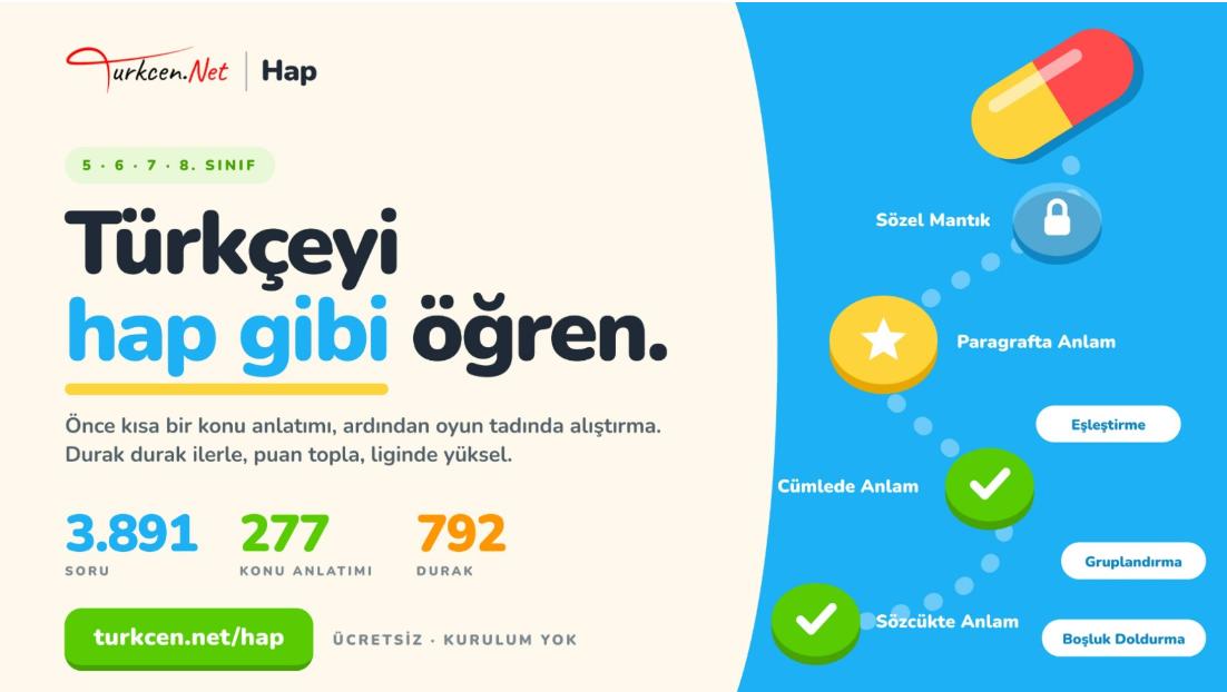 Ortaokul Öğrencilerine Ücretsiz Türkçe platformu: “Türkçen Hap” 3.891 Soruyla Yayında